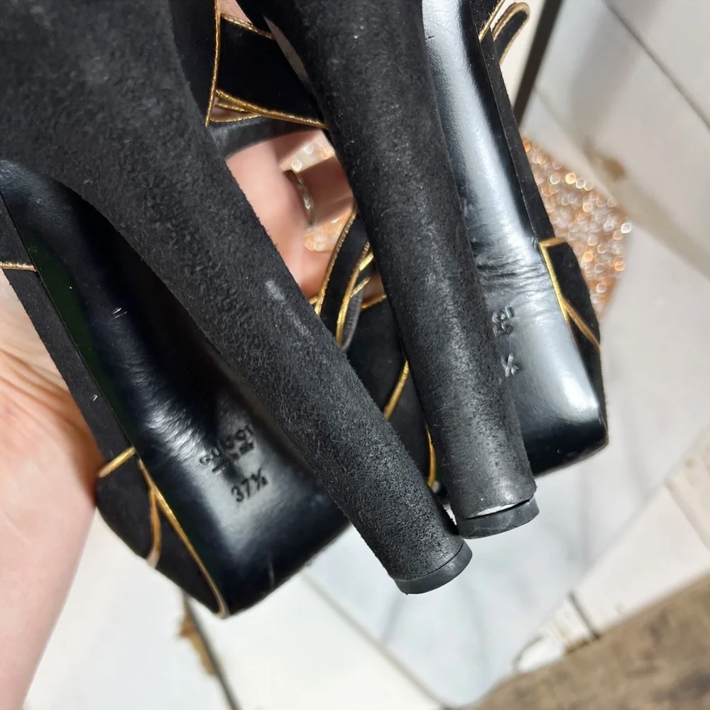 Gucci Black Suede w/ Gold Piping Huston Ankle Strap Platform Pumps​